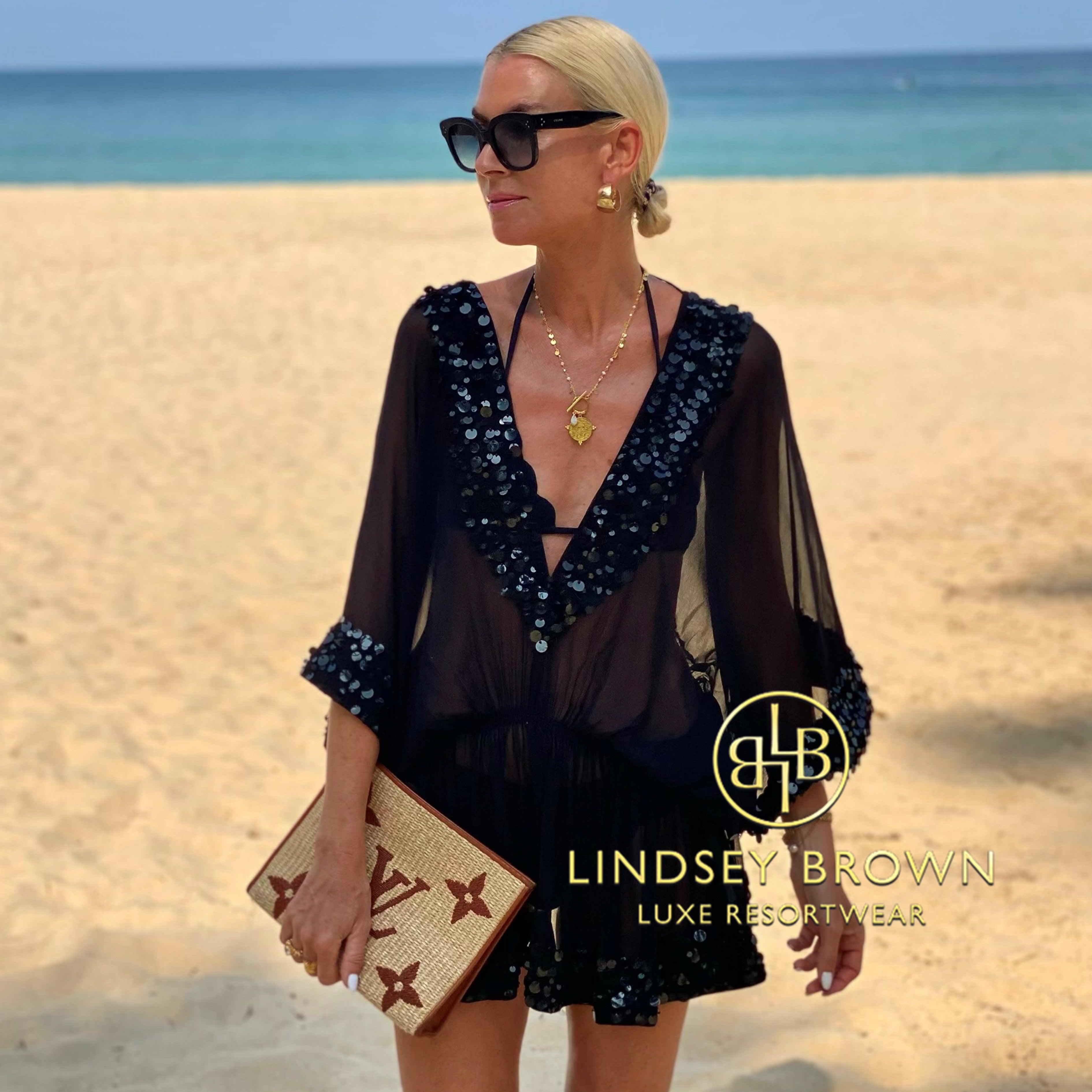 black silk luxury kaftan by Lindsey Brown resort wear 