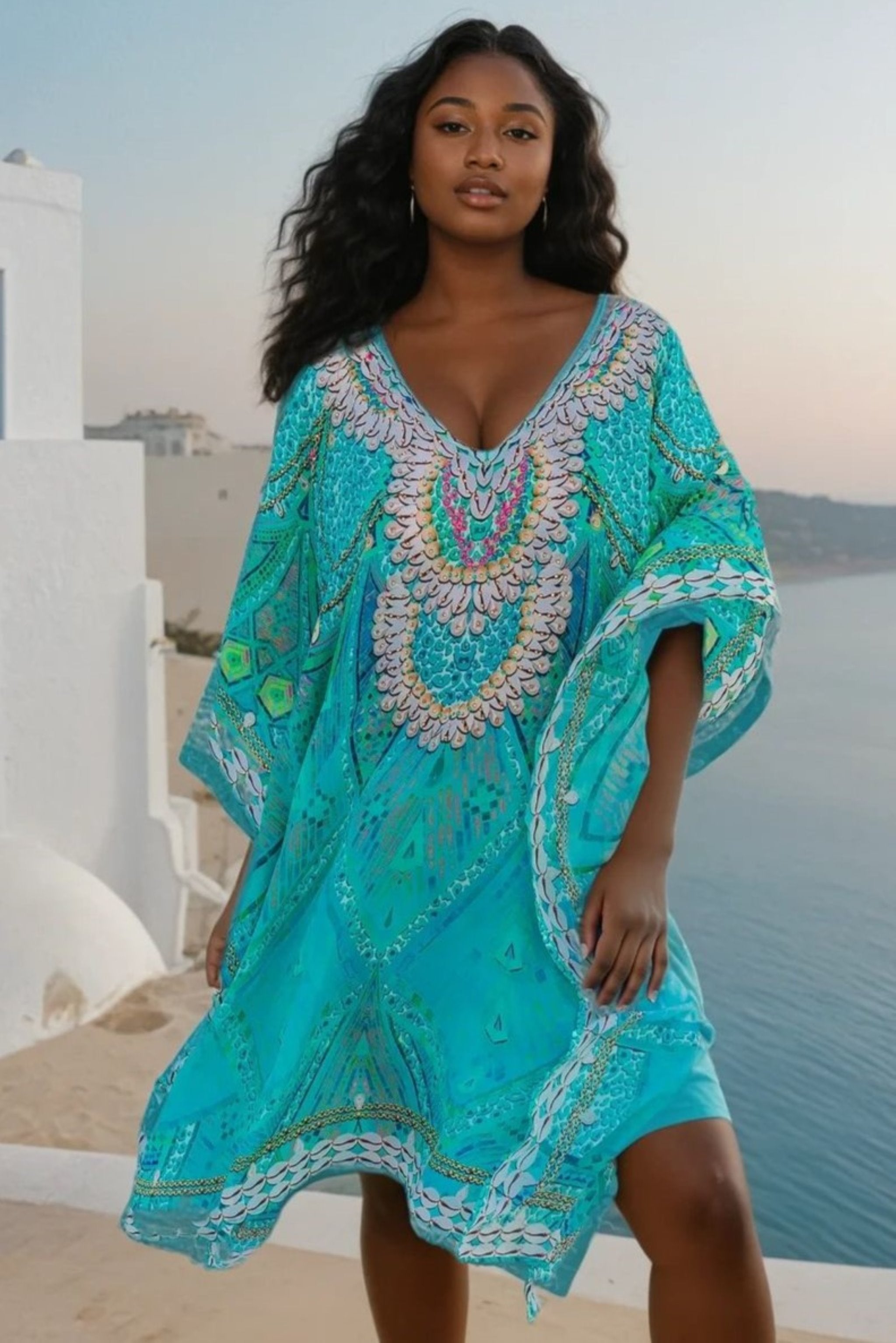 aqua silk designer beach cover ups for plus sizes to wear over swimwear on holiday by Lindsey Brown silk resort wear
