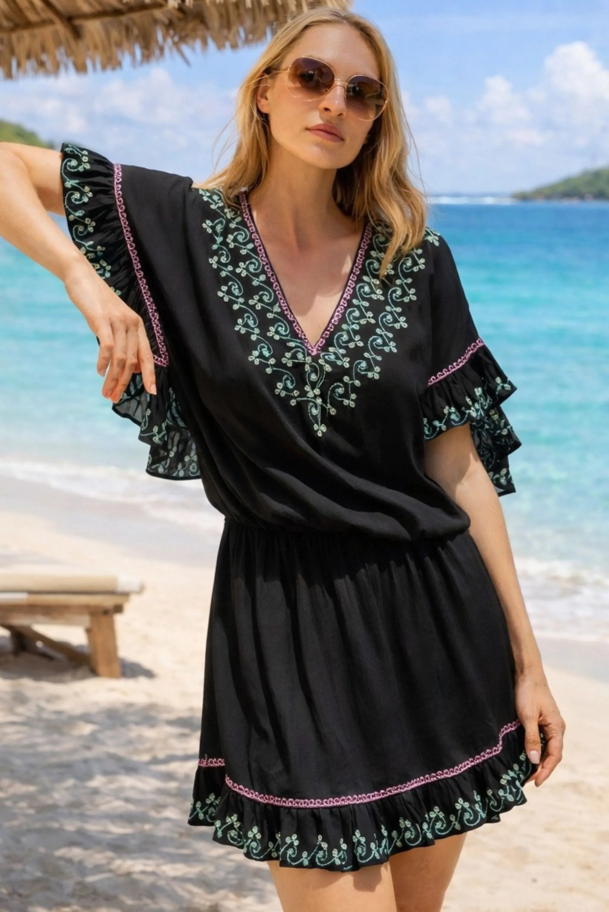 black cotton embroidered beach dresses to wear on holiday by lindsey brown resort wear