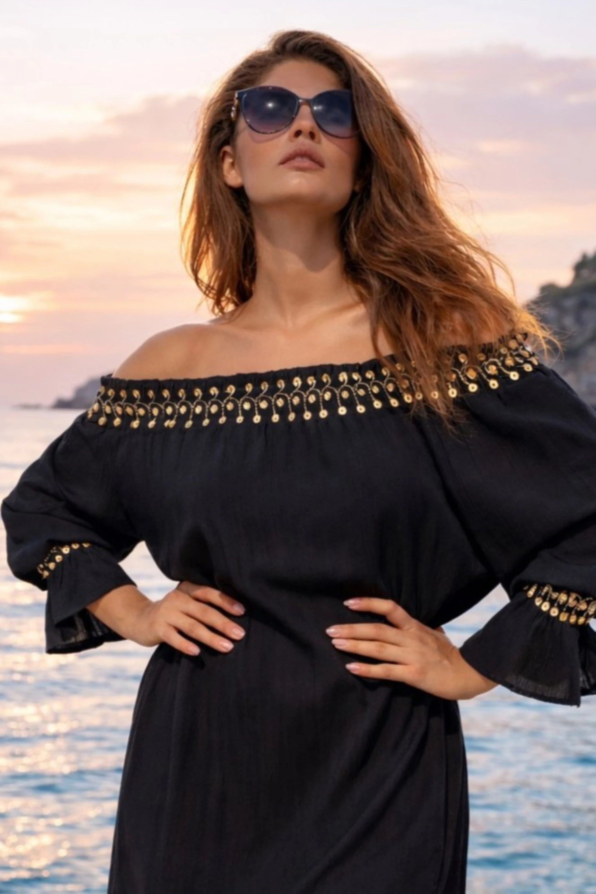 black  and gold cotton off the shoulder bardot dress to wear on holiday by Lindsey Brown
