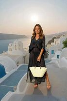 black silk maxi kaftan to wear on a Caribbean Cruise by Lindsey Brown