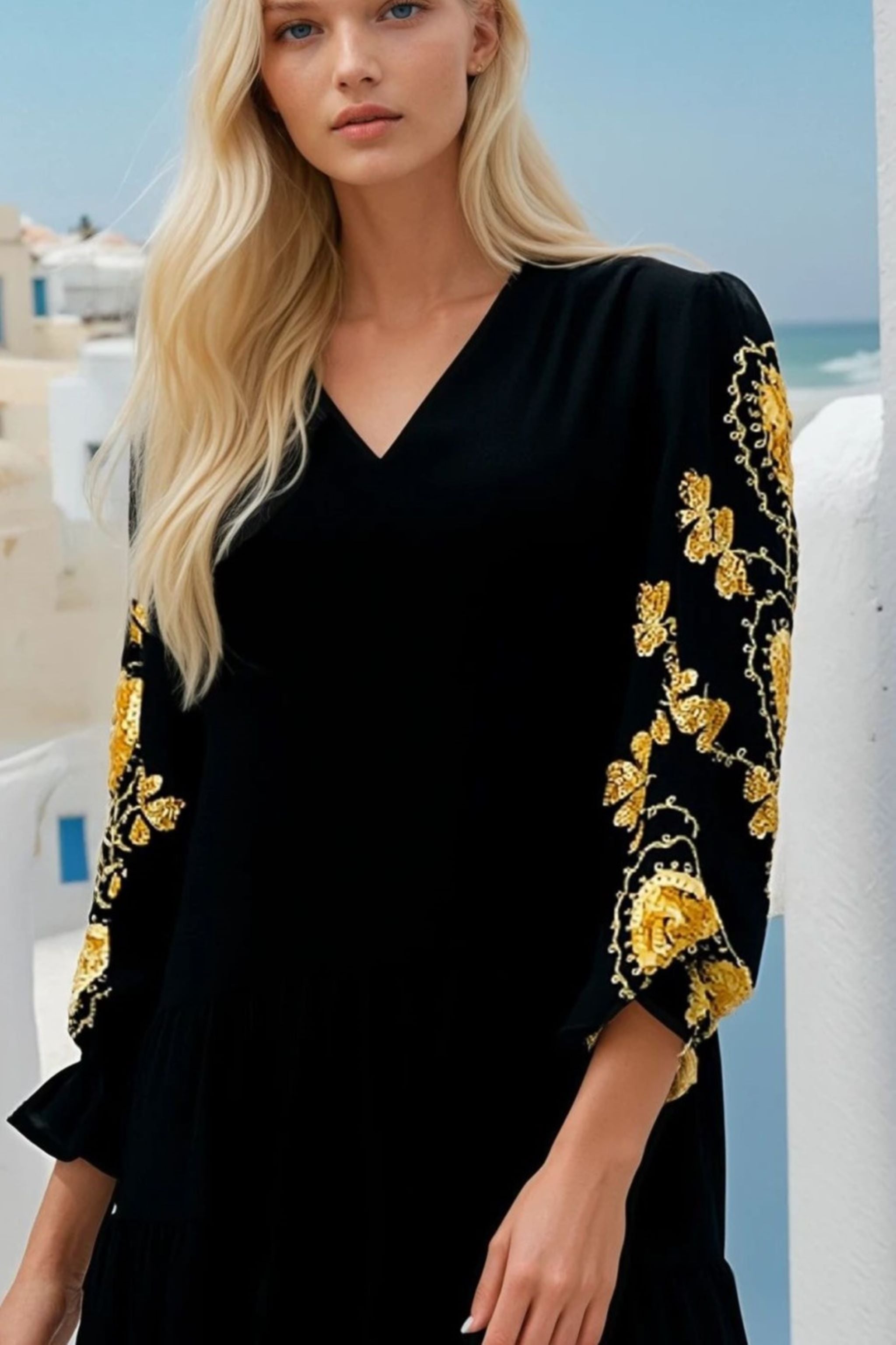 Black gold cotton beach dress to wear in summer  by Lindsey Brown resort wear