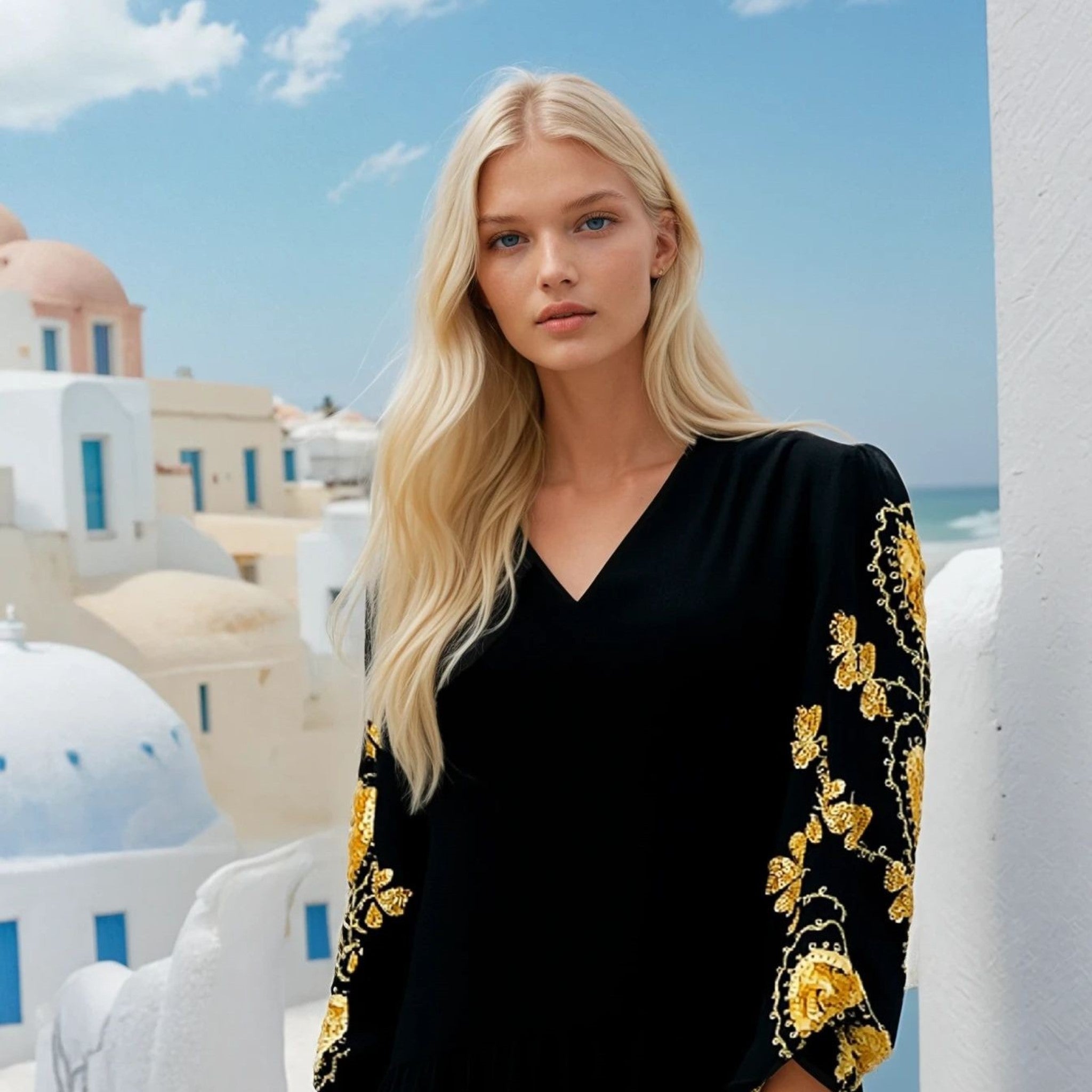 Black gold cotton beach dress to wear in summer loose floaty holiday dresses by Lindsey Brown resort wear