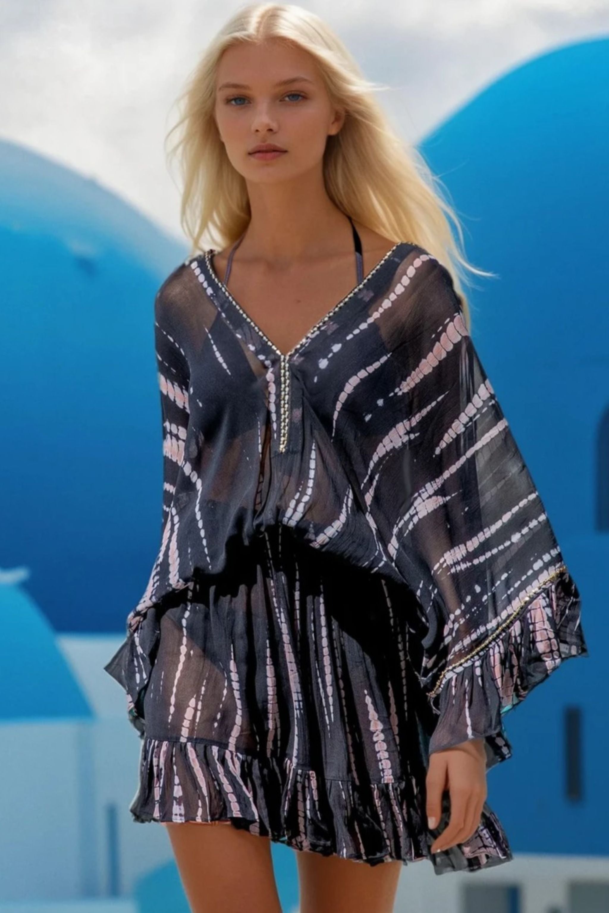 Black hand tie dye bloused kaftan dresses by Lindsey Brown resort wear