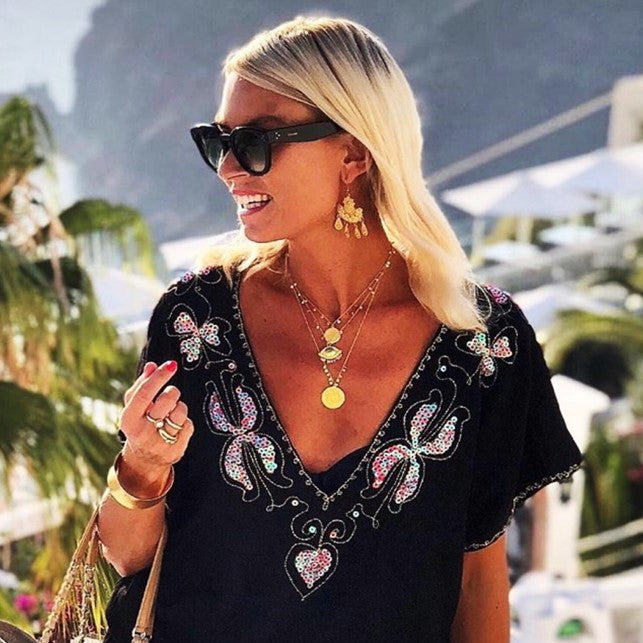 Black Cotton designer beach dress seen on Anna Mavridis by  LindseyBrown resort wear 