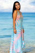 blue and pink floaty backless resort wear dress by lindsey brown