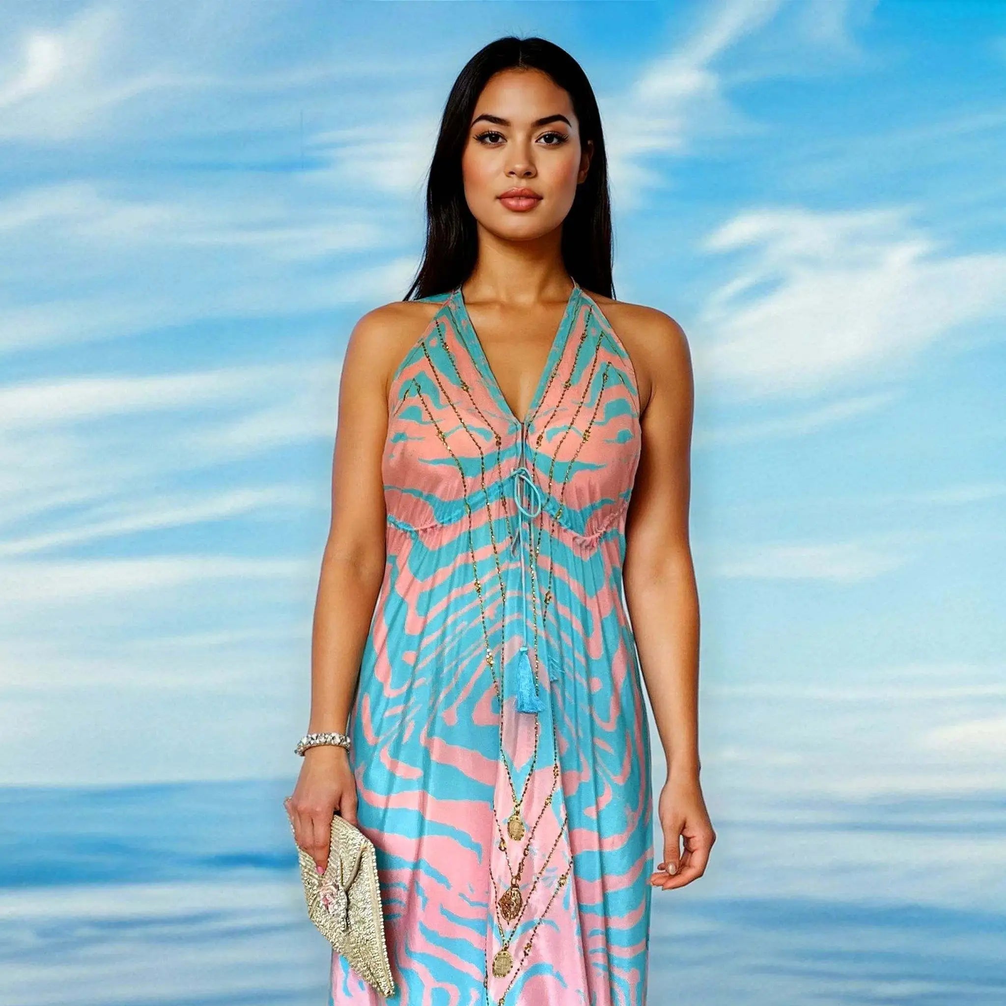 blue and pink silk resort wear dress to wear on vacation by lindsey brown
