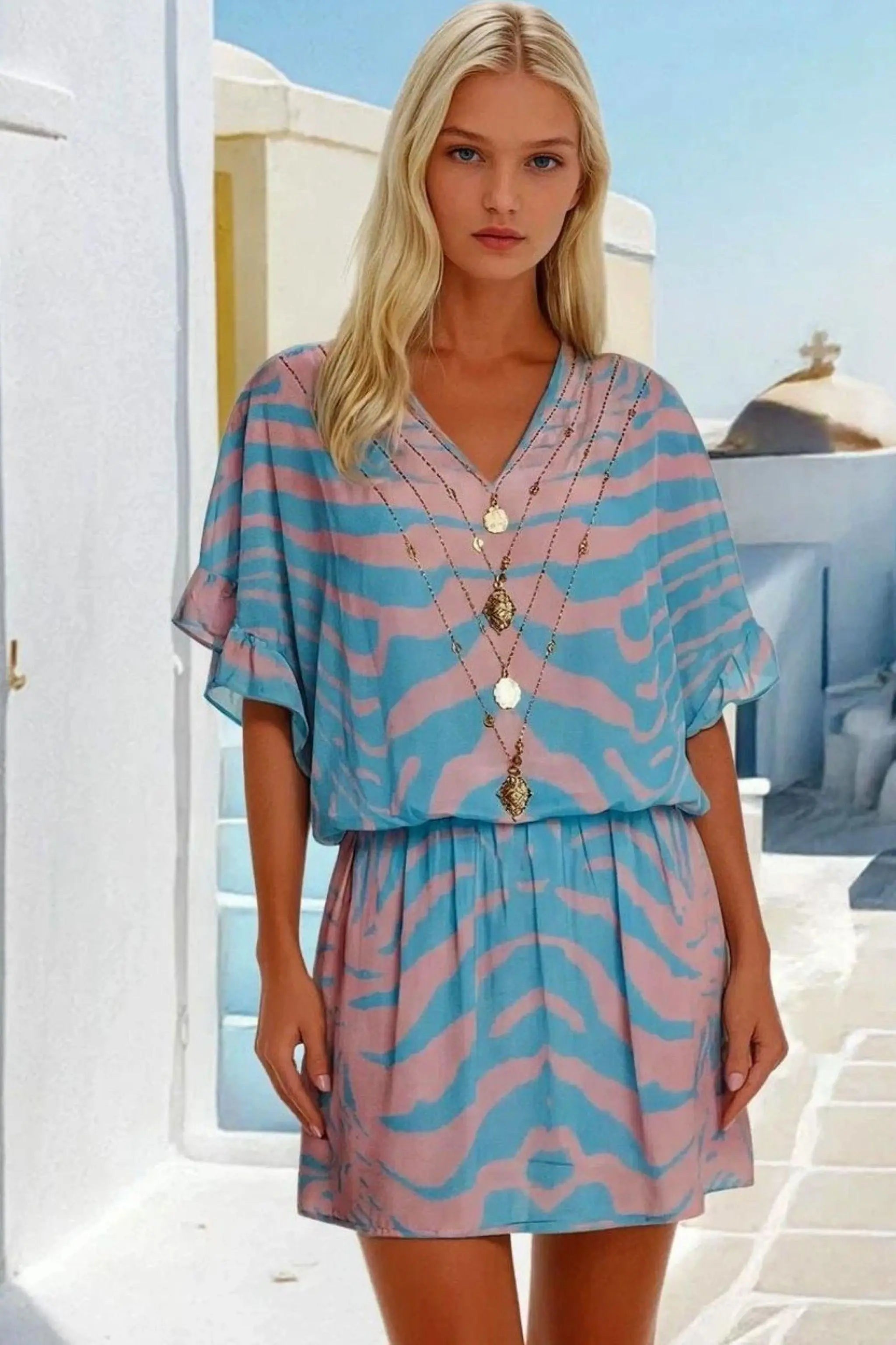 blue and pink silk crepe beach dress by Lindsey Brown