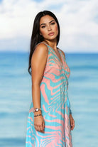 blue and pink silk resort wear halter dress by lindsey brown