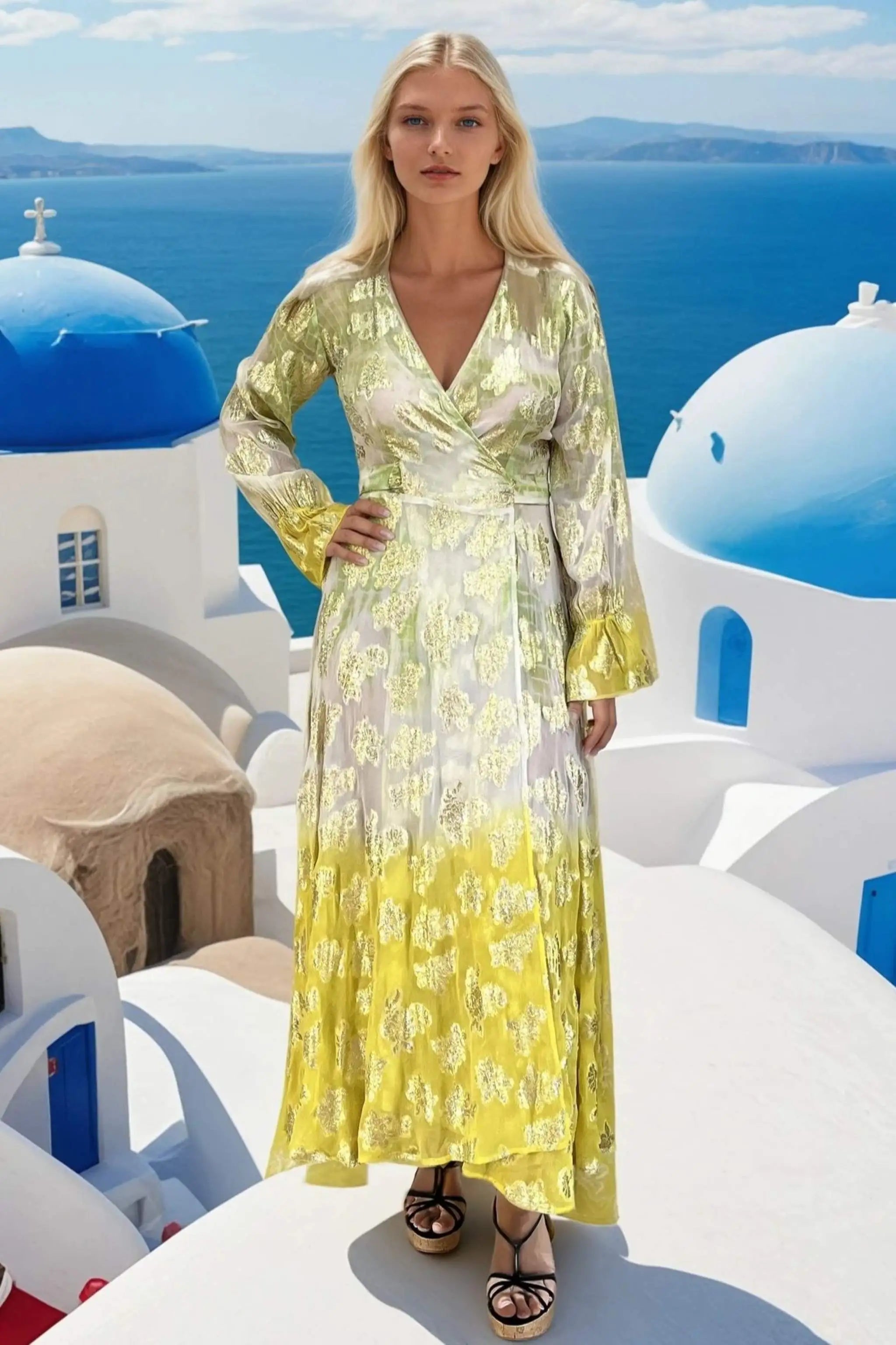 ivory yellow and gold wrap over resort wear maxi dress by Lindsey Brown