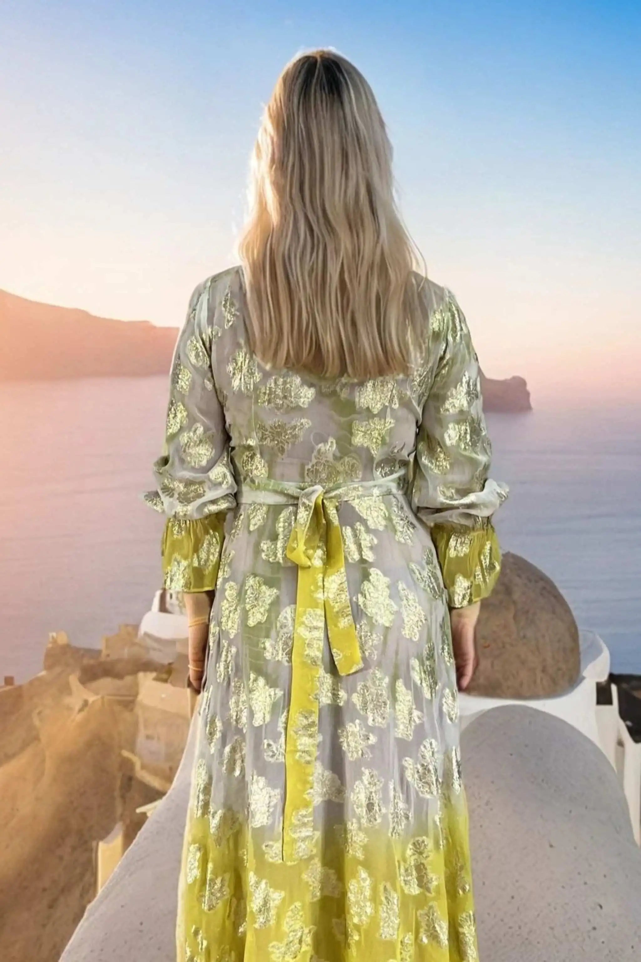 ivory yellow and gold metallic wrap over maxi dress to wear on vacation by Lindsey Brown