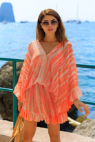 orange silk hand tie dye bloused silk kaftan dress to wear on warm holidays by Lindsey Brown