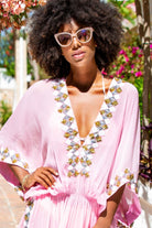 Pink stunning silk kaftans by Lindsey Brown silk resort wear called Manhattan by Lindsey Brown
