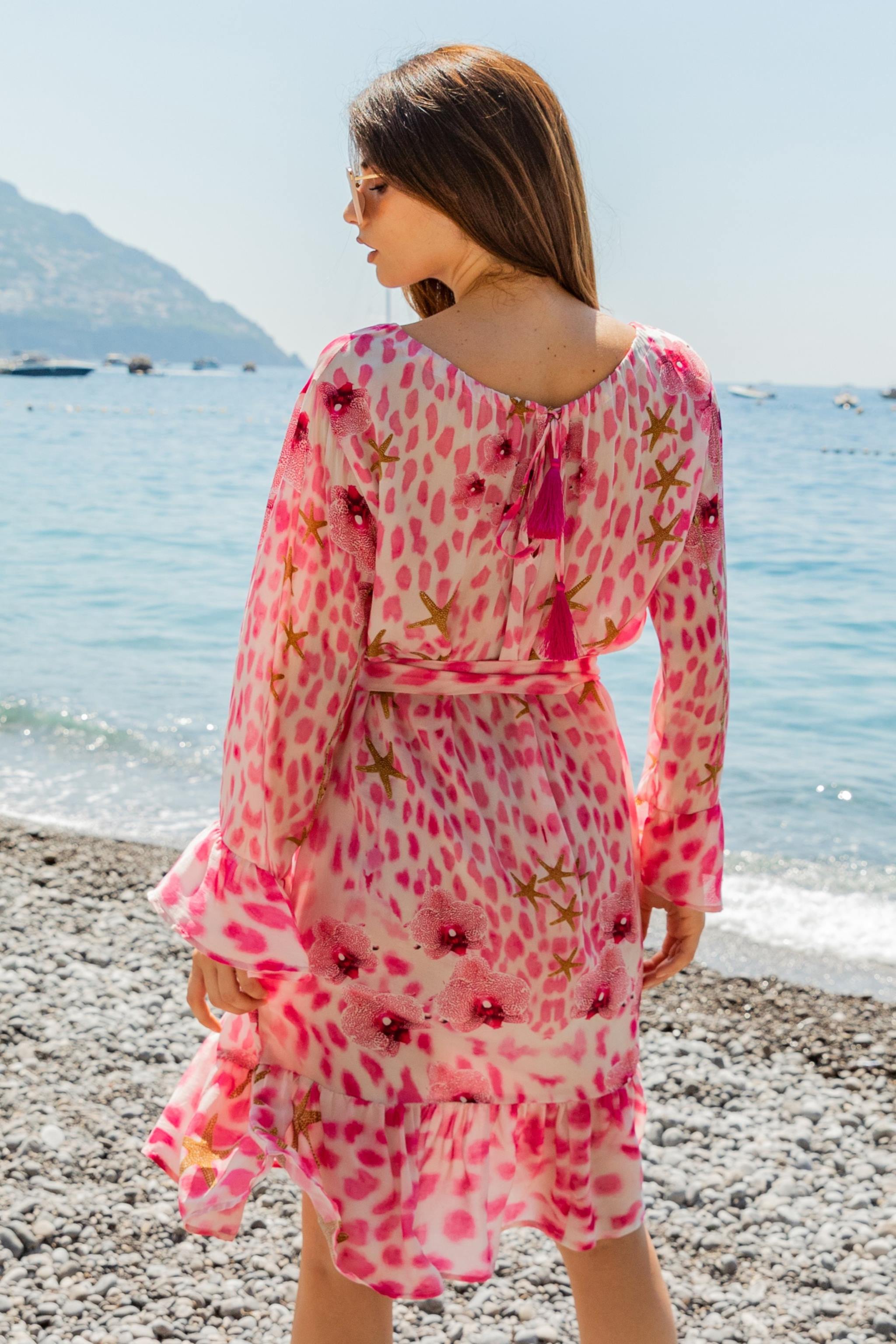 Stunning silk long sleeve silk dress by Lindsey Brown luxury resort wear 