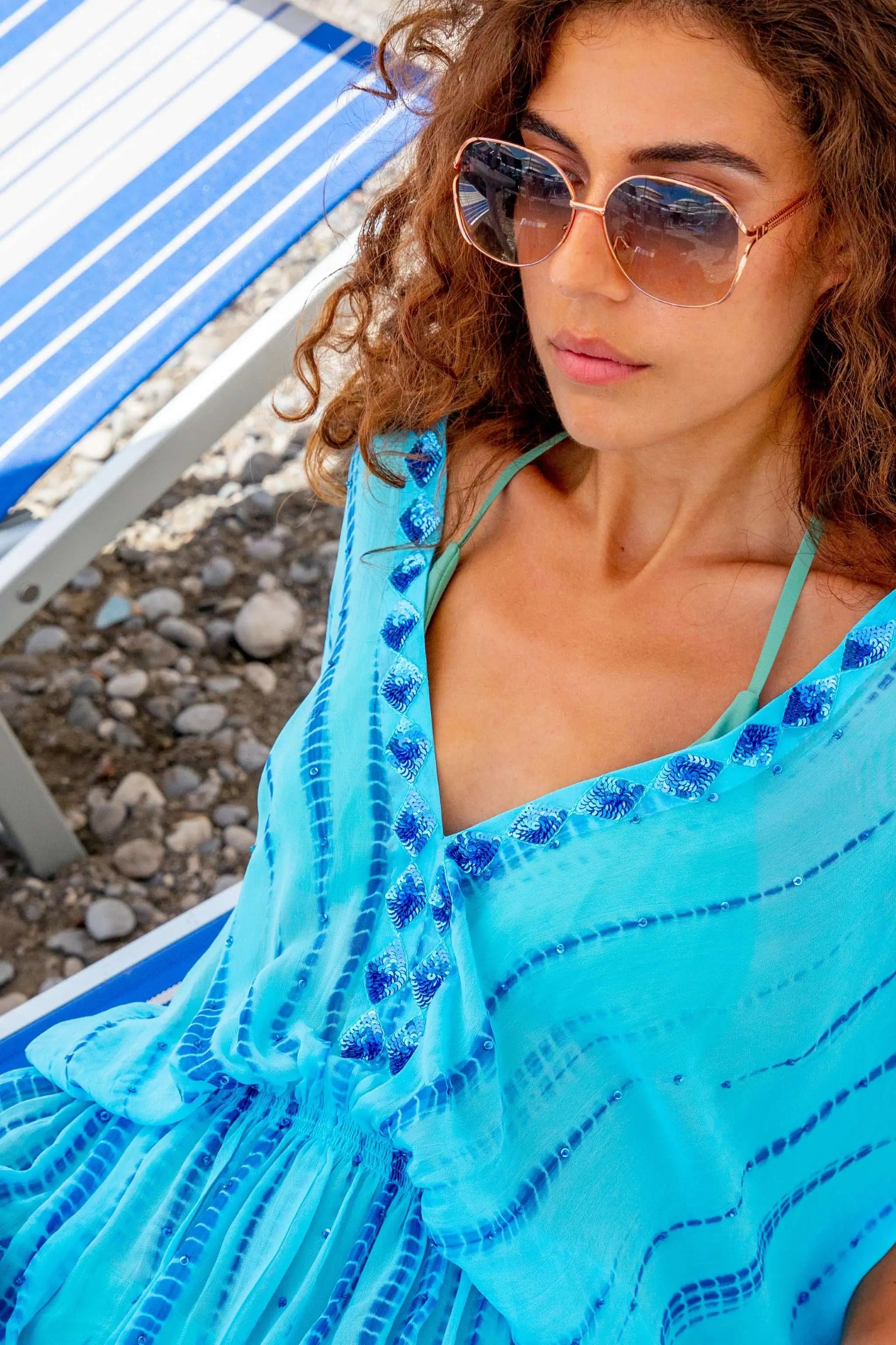 turquoise blue silk luxury resort wear kaftans by Lindsey Brown