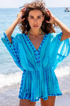 turquoise blue short elasticated silk kaftans by lindsey brown