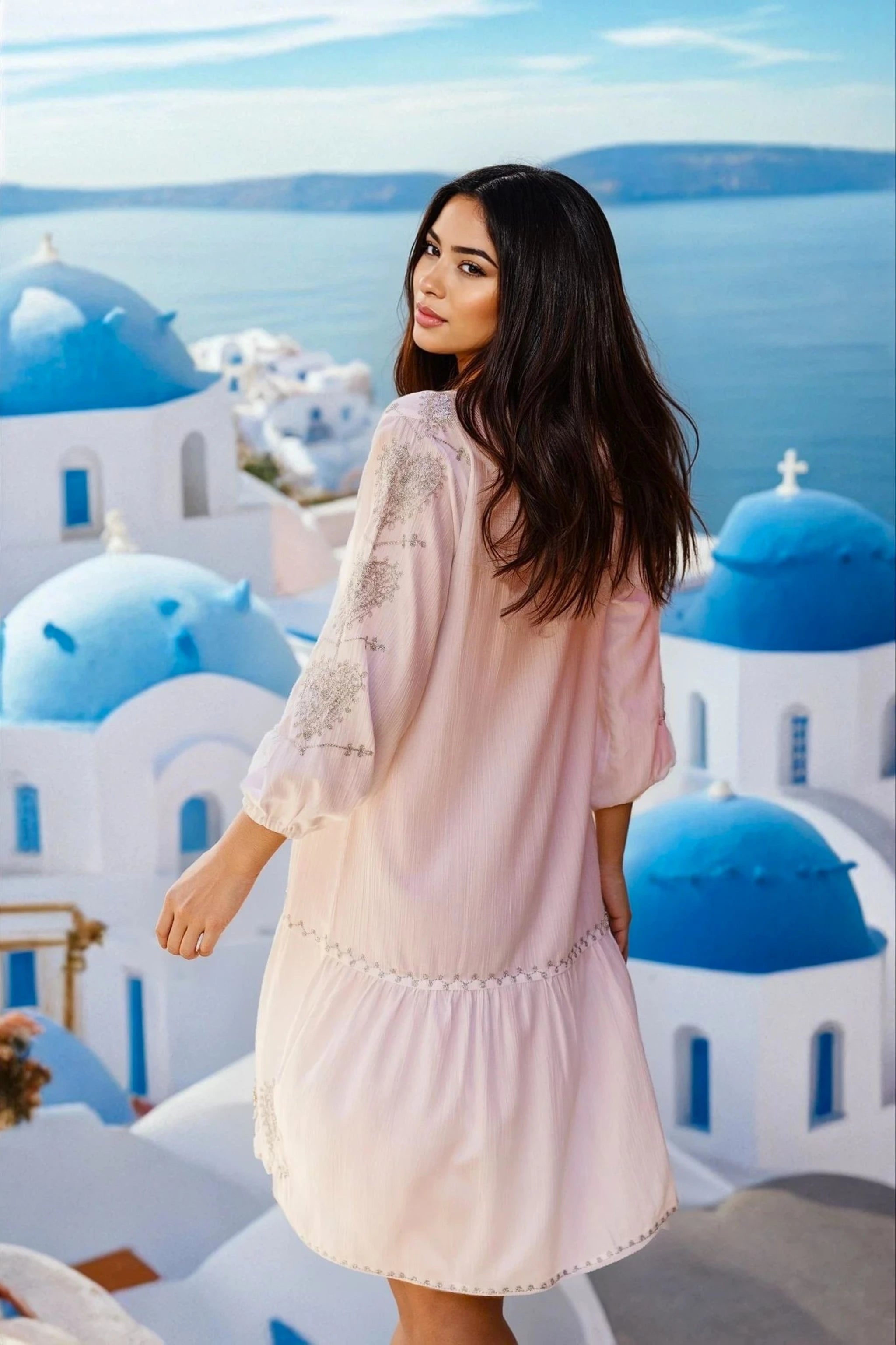 white cotton knee length designer beach dresses with silver detail sleeves by Lindsey  Brown