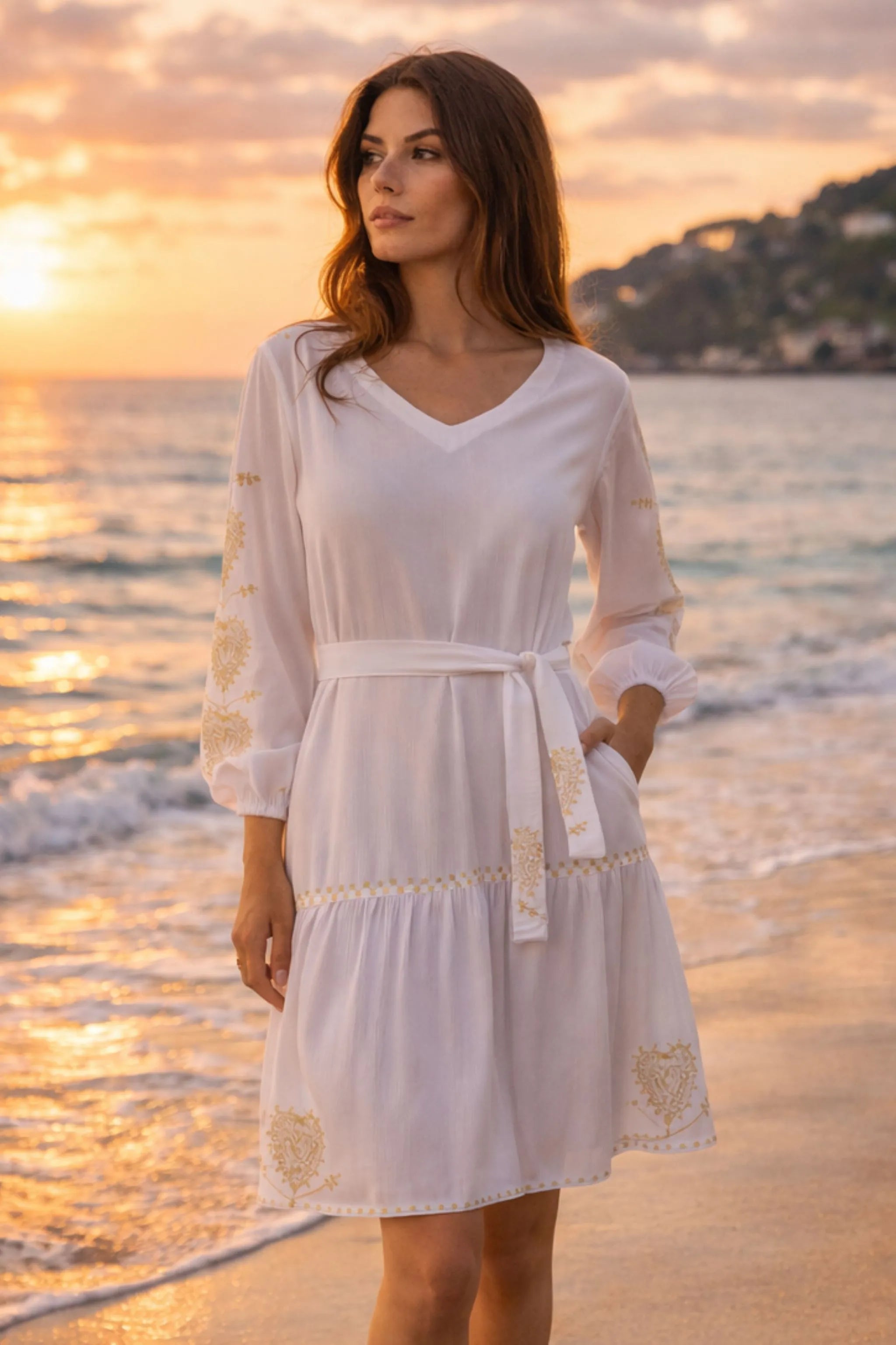 white gold cotton beach dress worn with a belt by lindsey brown